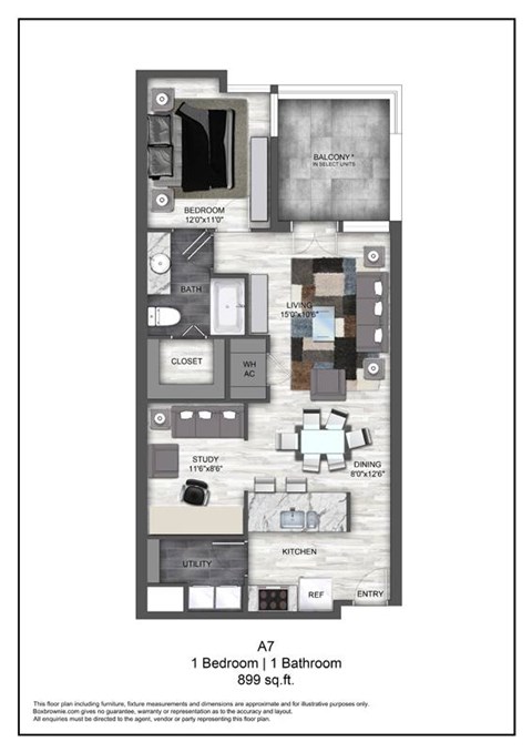 Floor plan for 1 bed, 1 bath, 899 sqft
